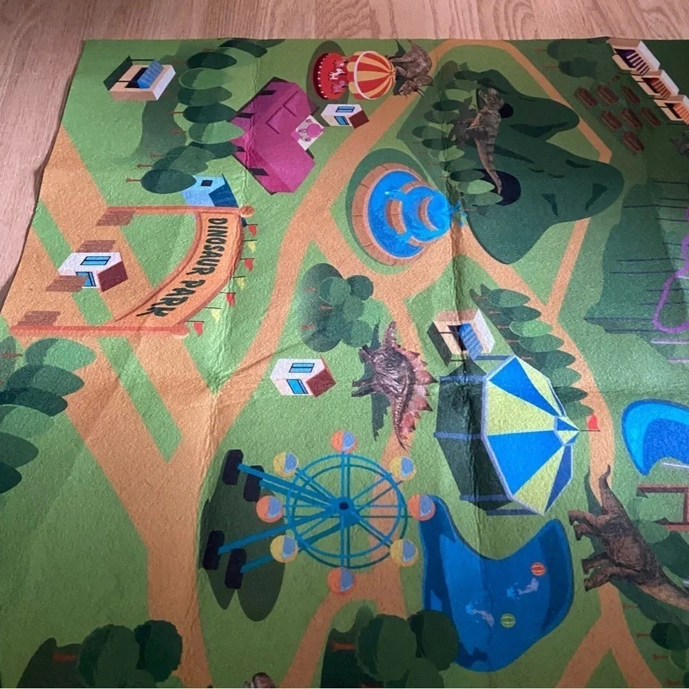 Colorful Play Mat with Amusement Park Design Dinosaur Park Truck Driving Large